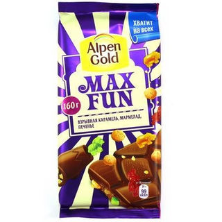 Шоколад молочный Альпен Голд МаксФан молочный со взрывной карамелью мармеладом и печеньем 150г